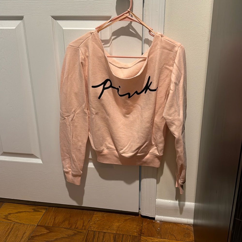 PINK Victoria's Secret Mauve Wide Neck Sweatshirt With Black Script Print